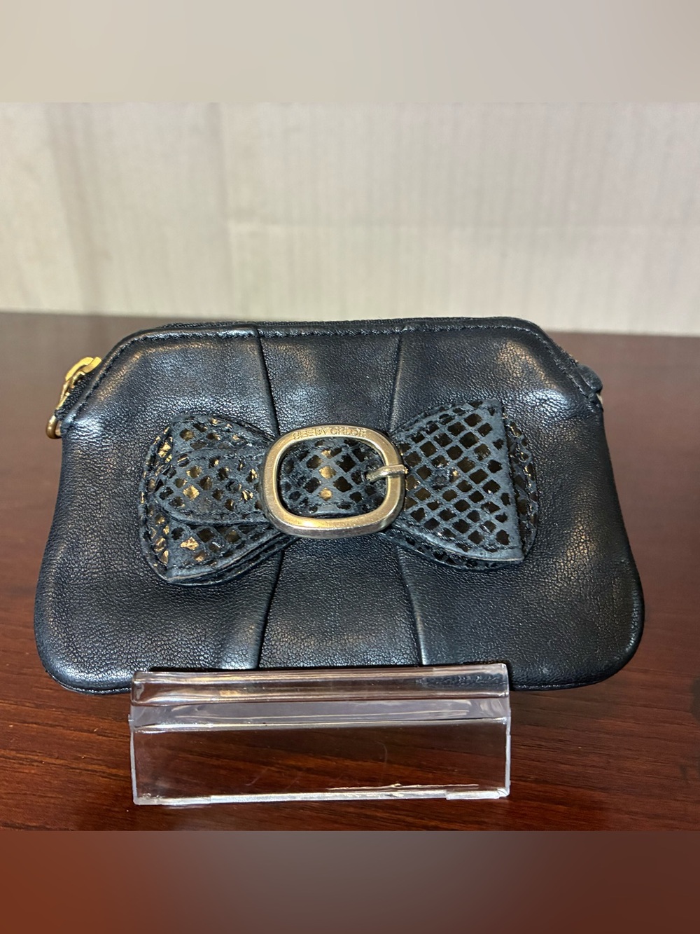 See By Chloe Black Leather Bow Wristlet Pouch with Gold Accent